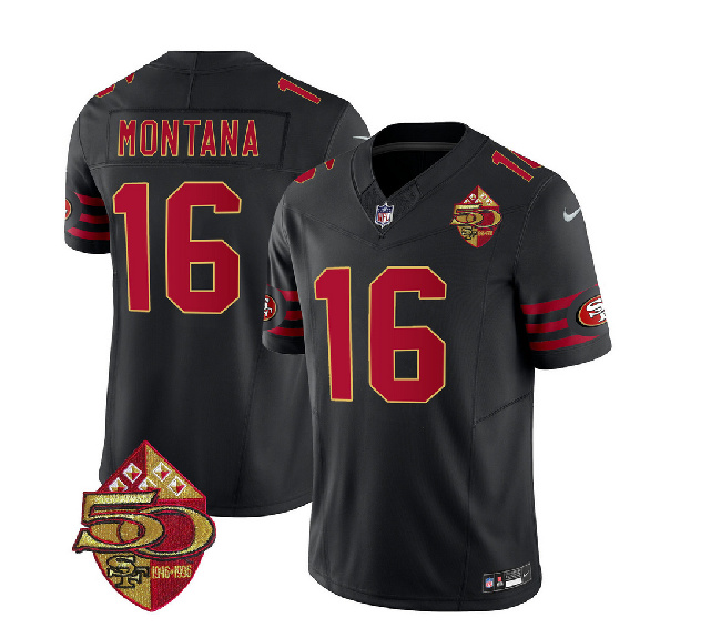 Men's San Francisco 49ers #16 Joe Montana Black 2023 F.U.S.E. 50th Patch Throwback Football Stitched Jersey